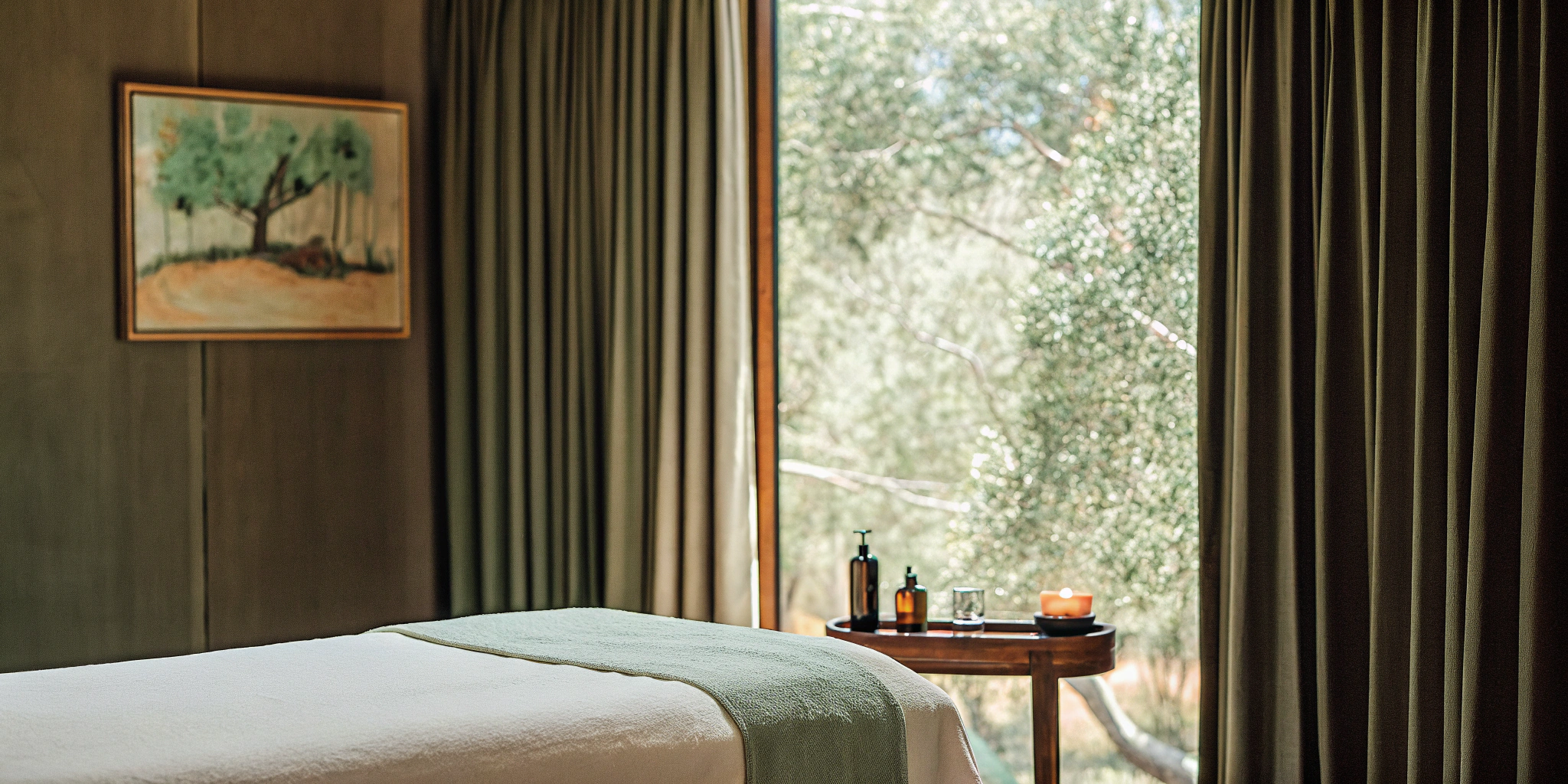 A calm, safe massage room prepared for a trauma-informed massage session.