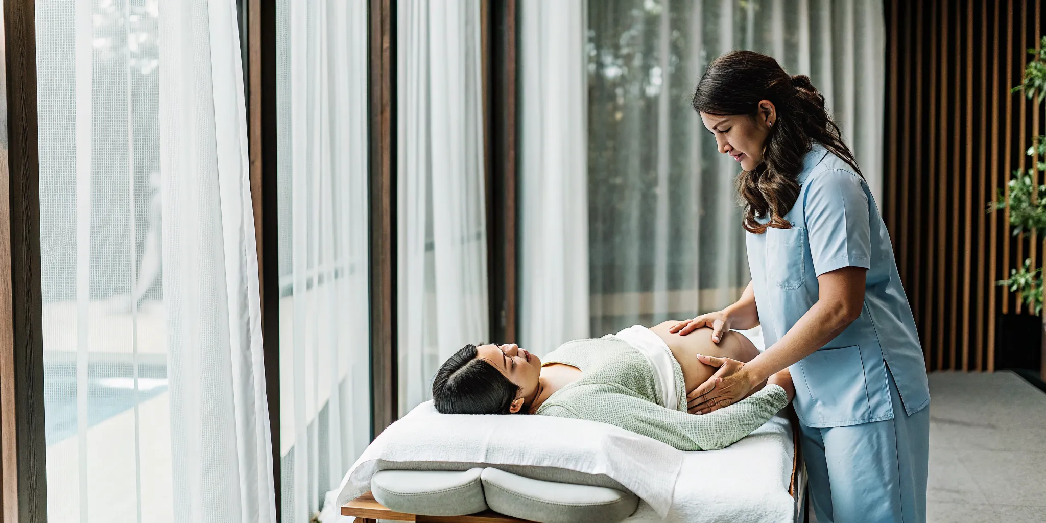 A woman receiving a gentle postpartum C-section massage on her abdomen for scar recovery.