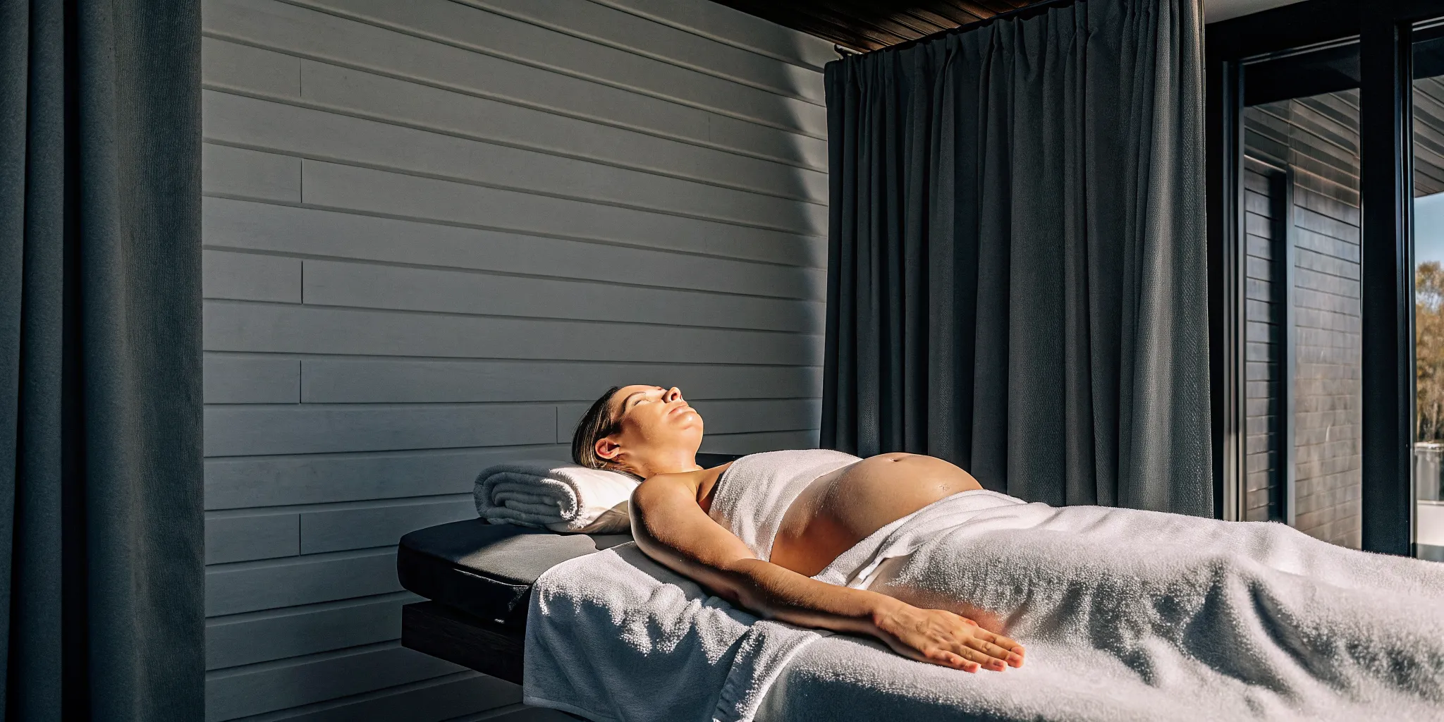 A pregnant woman in a safe side-lying position during a relaxing prenatal massage.