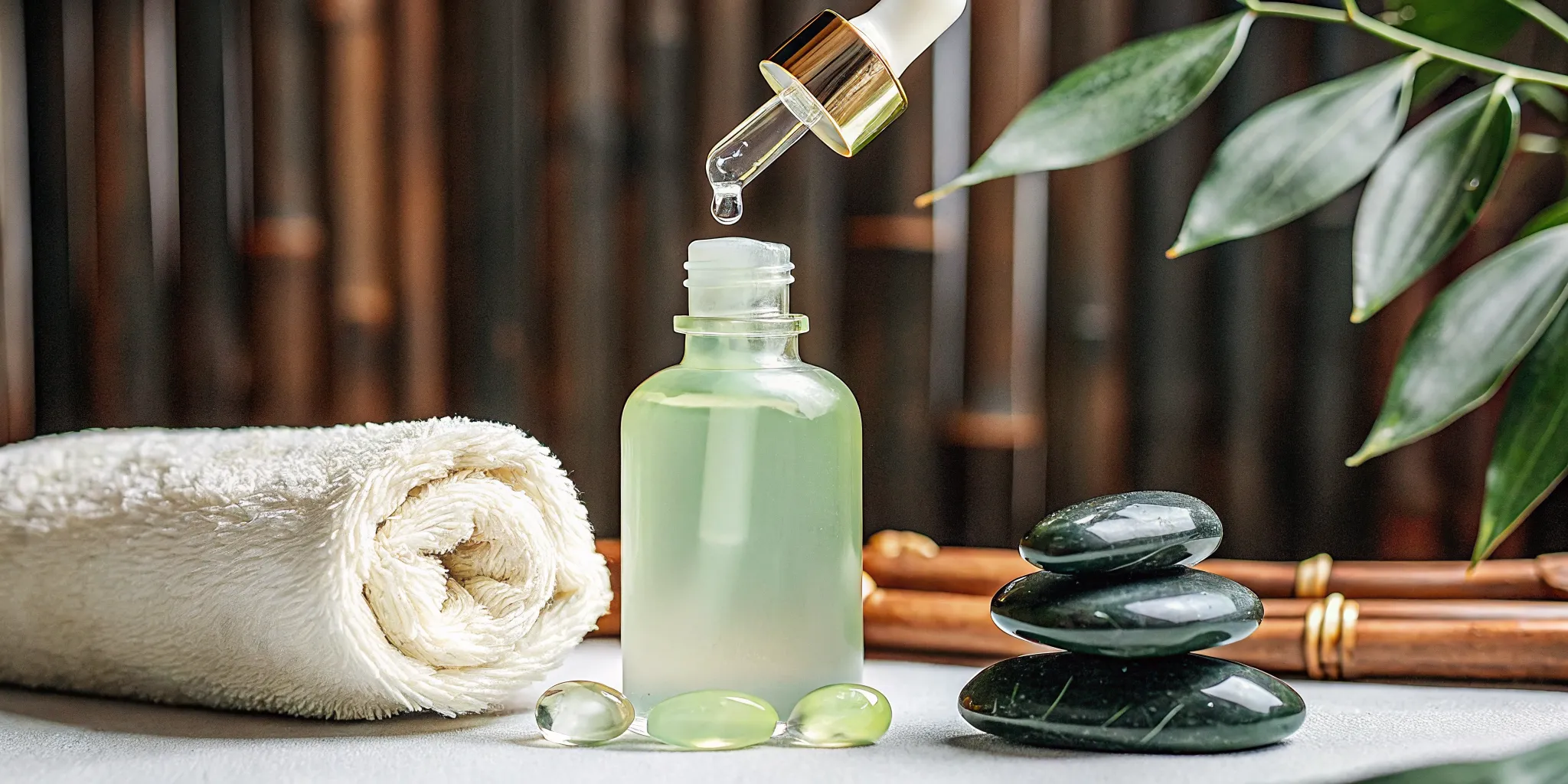 CBD massage oil and stones ready to provide key benefits for the skin.