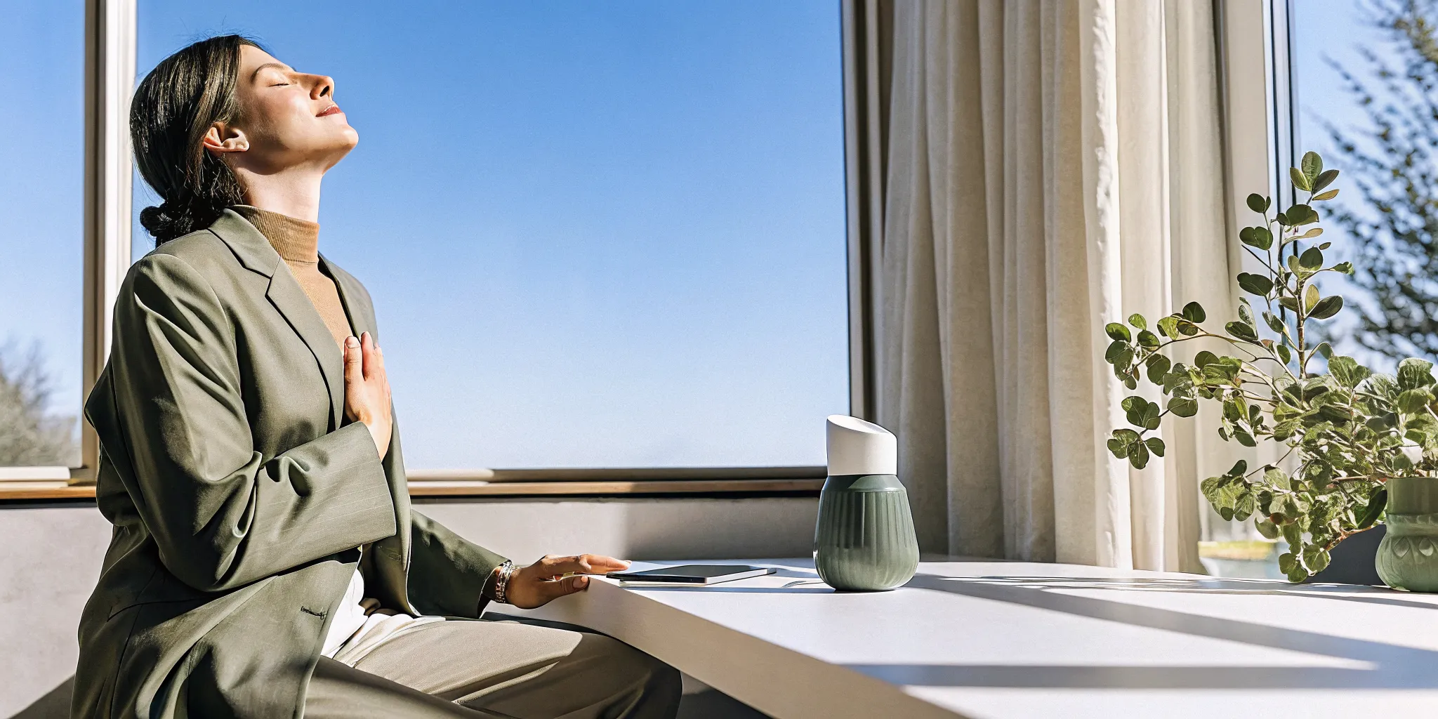 A woman practicing deep breathing, a relaxation technique for stress relief.
