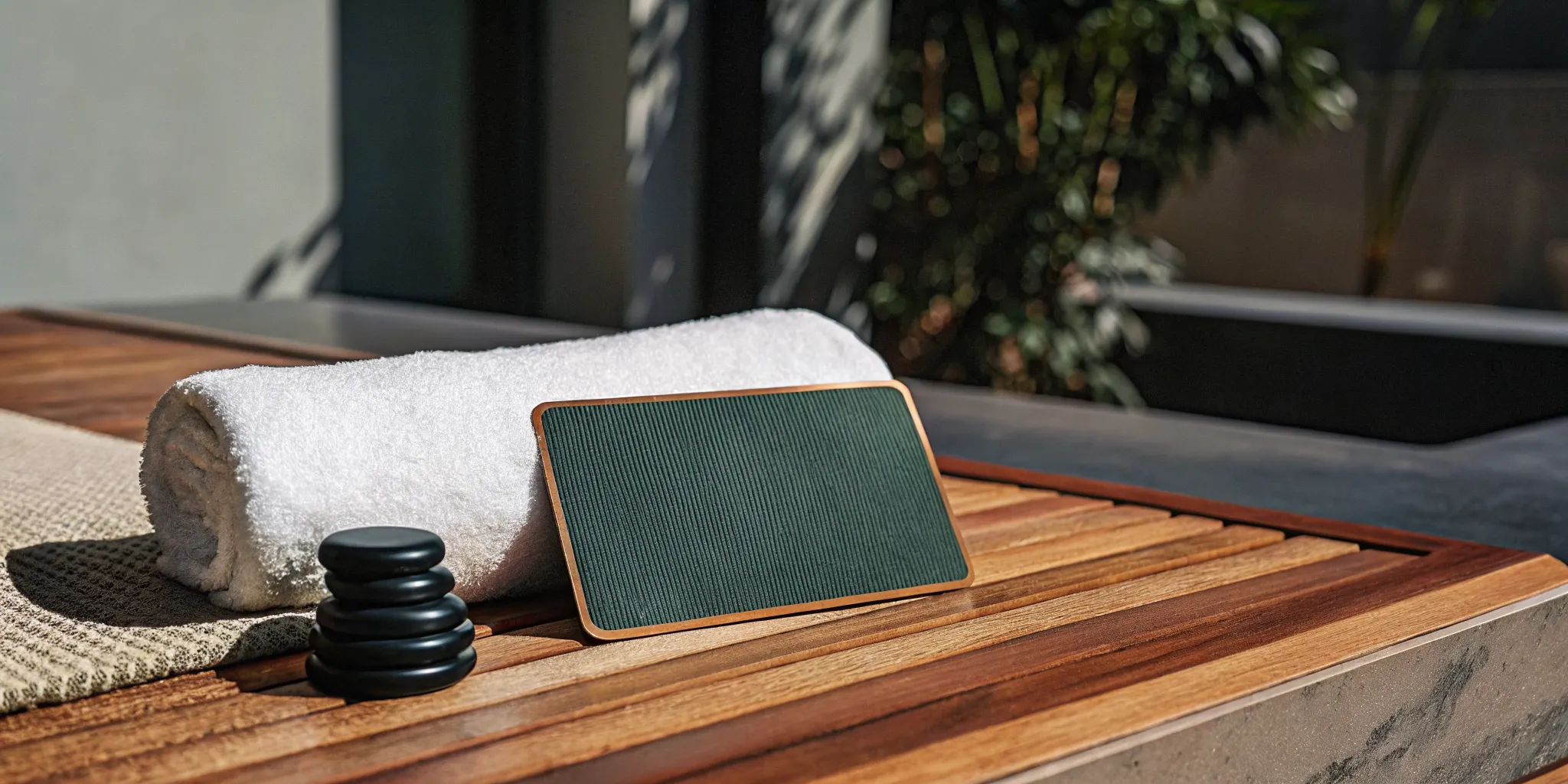 A therapeutic New Orleans massage gift card with hot stones on a spa table.