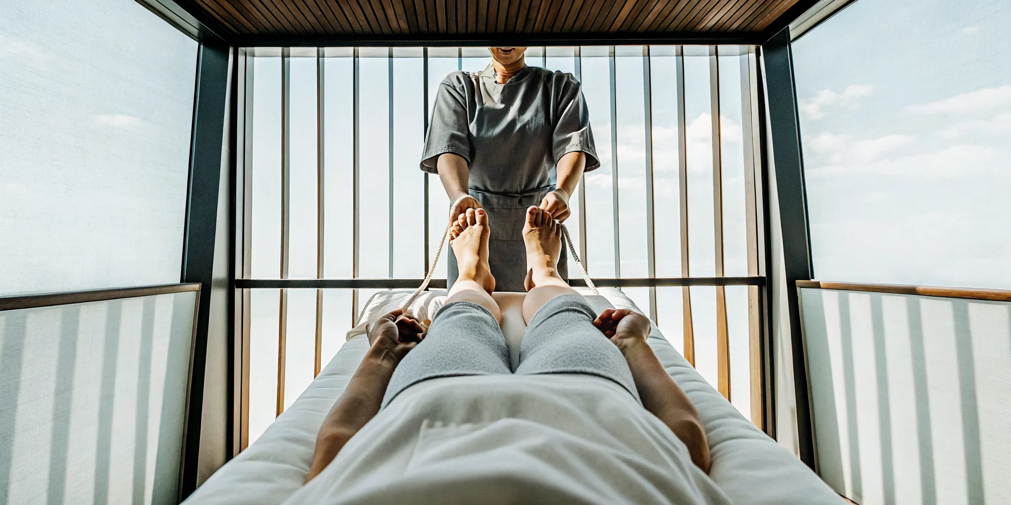 Client receiving the best Ashiatsu massage from a therapist in a studio near downtown.