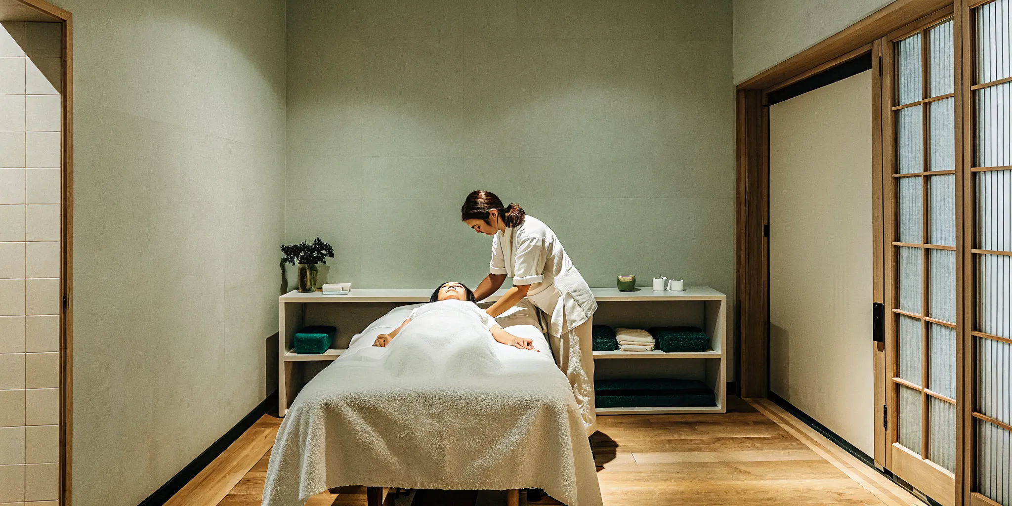 Massage therapy student practicing hands-on training in a professional massage room.