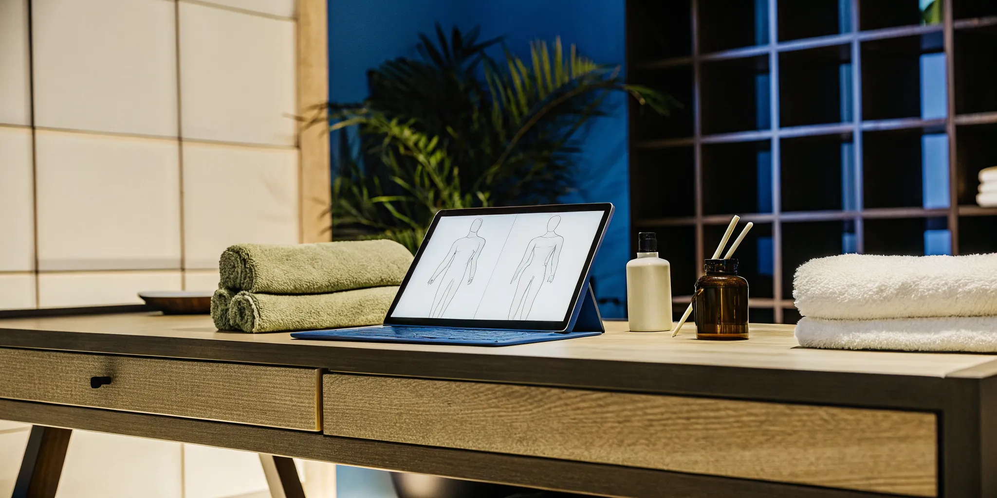 Online continuing education for massage therapy with a laptop showing anatomy and massage tools.