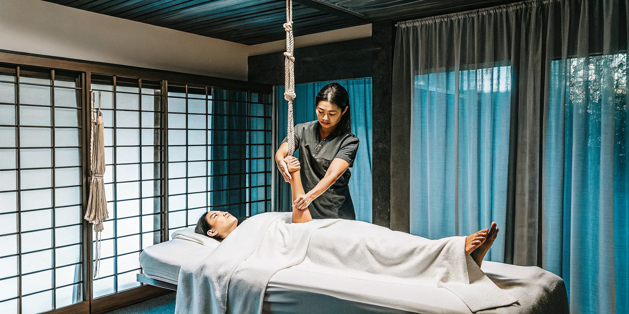 Ashiatsu massage therapist uses overhead bars to perform a deep pressure massage with their feet.