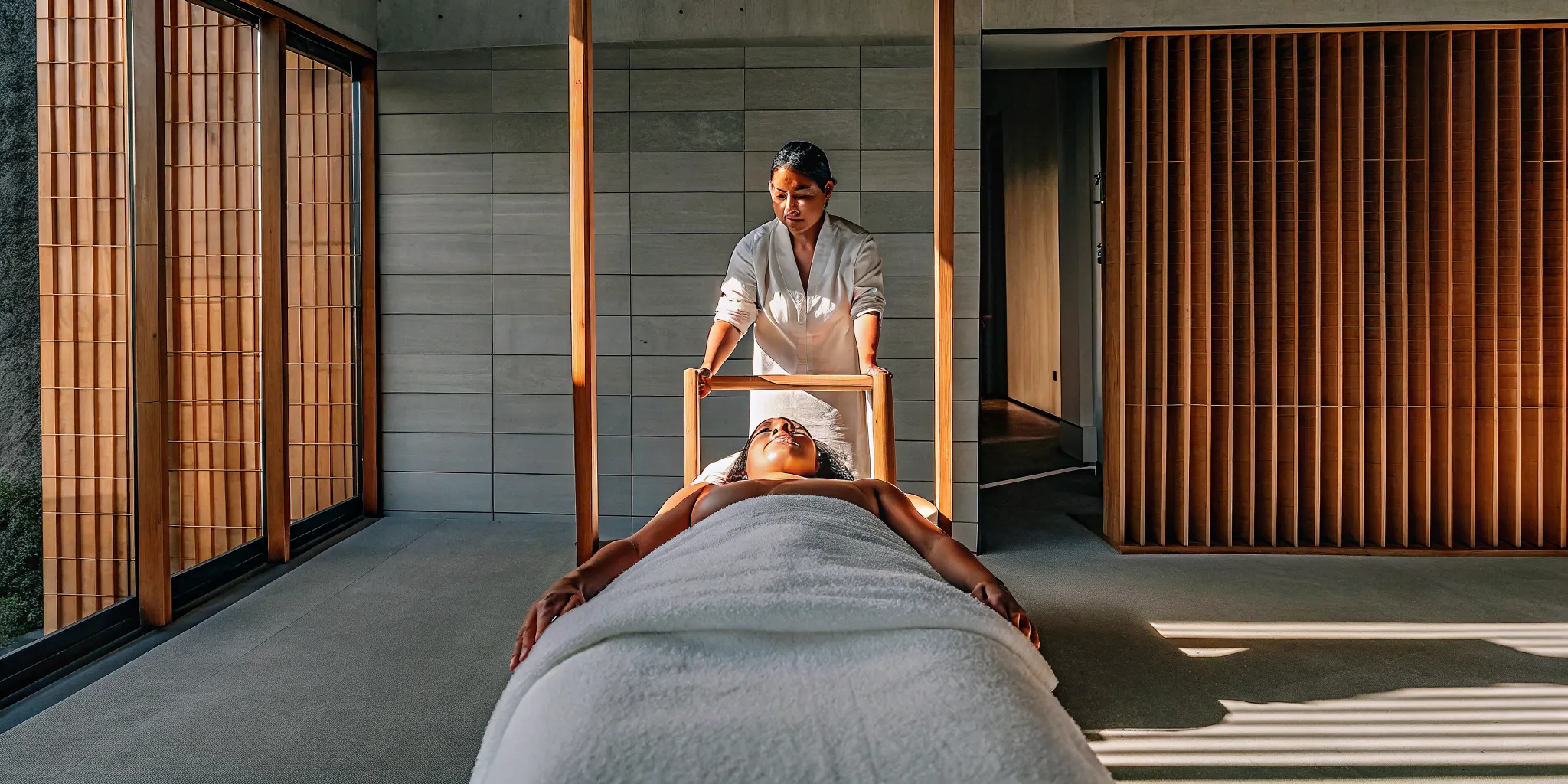 Ashiatsu DeepFeet therapy performed with overhead bars for a deep, barefoot massage.