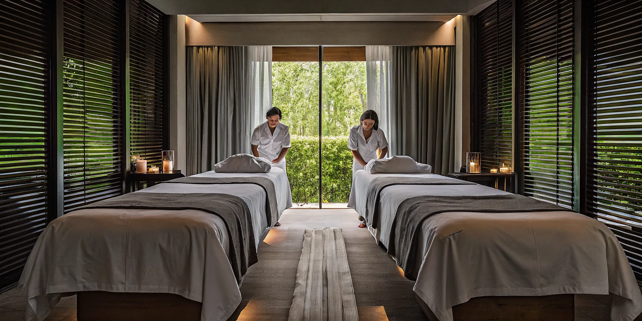 A couple relaxes during one of the best couples massage deals in a tranquil spa.