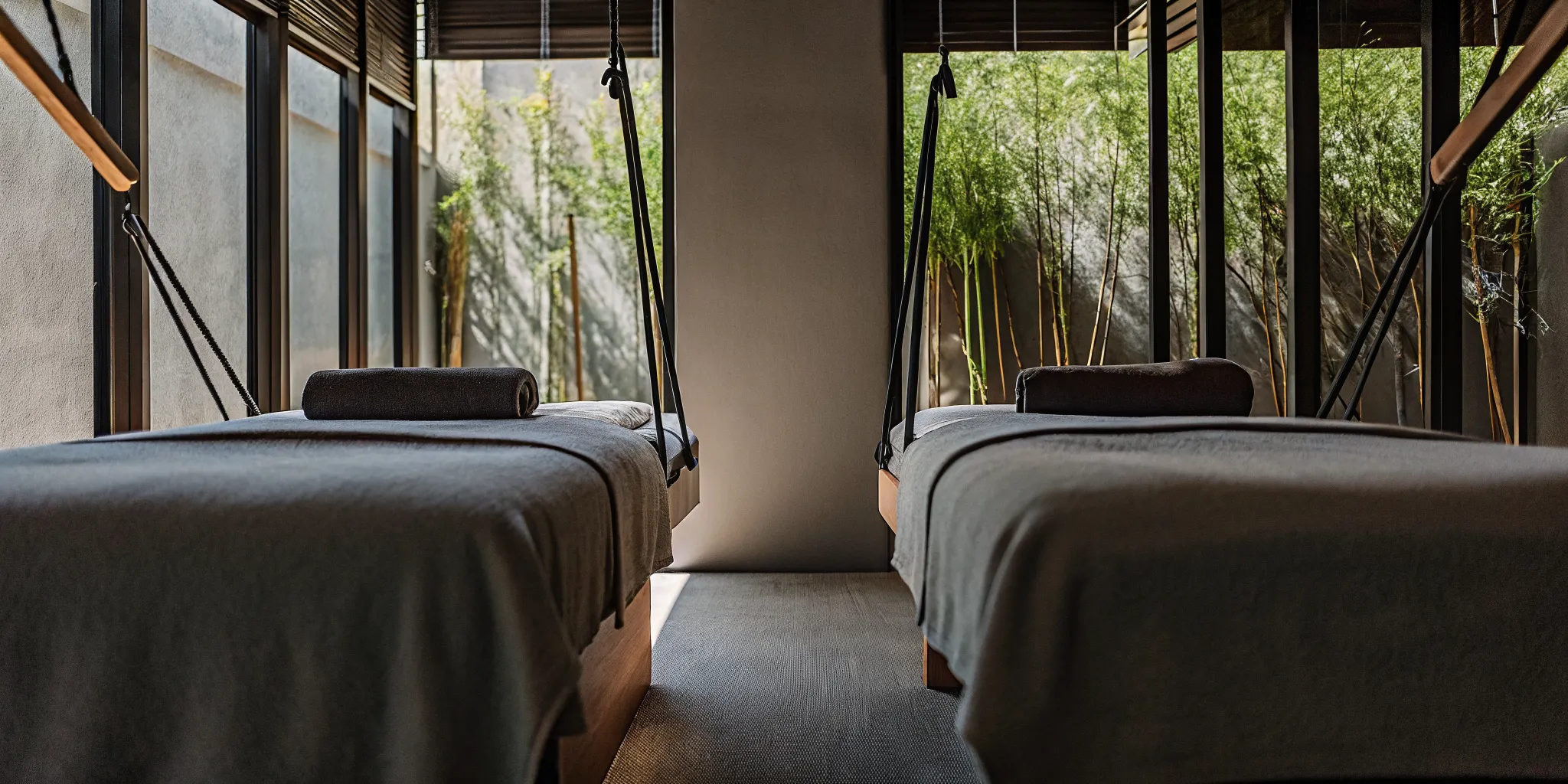 Ashiatsu massage room with overhead support bars