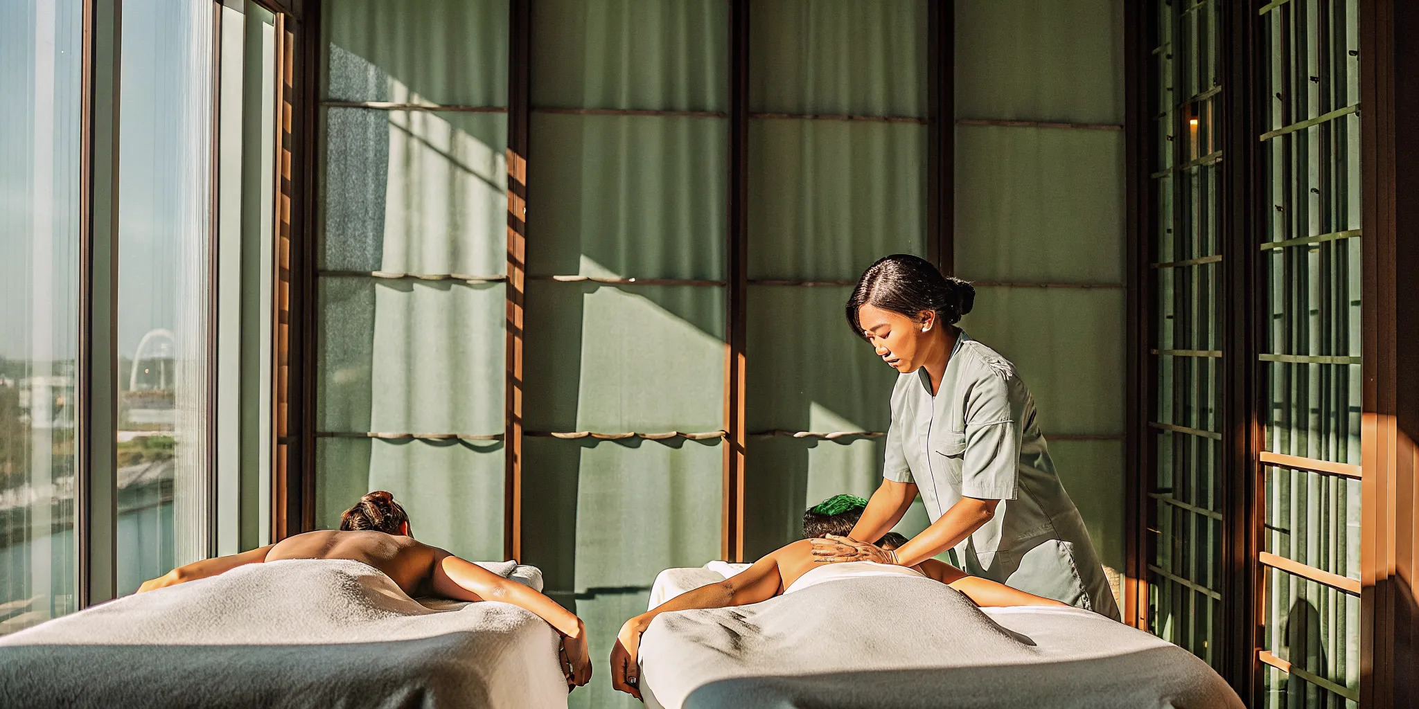 Couple enjoying a relaxing couples massage in a downtown New Orleans spa.