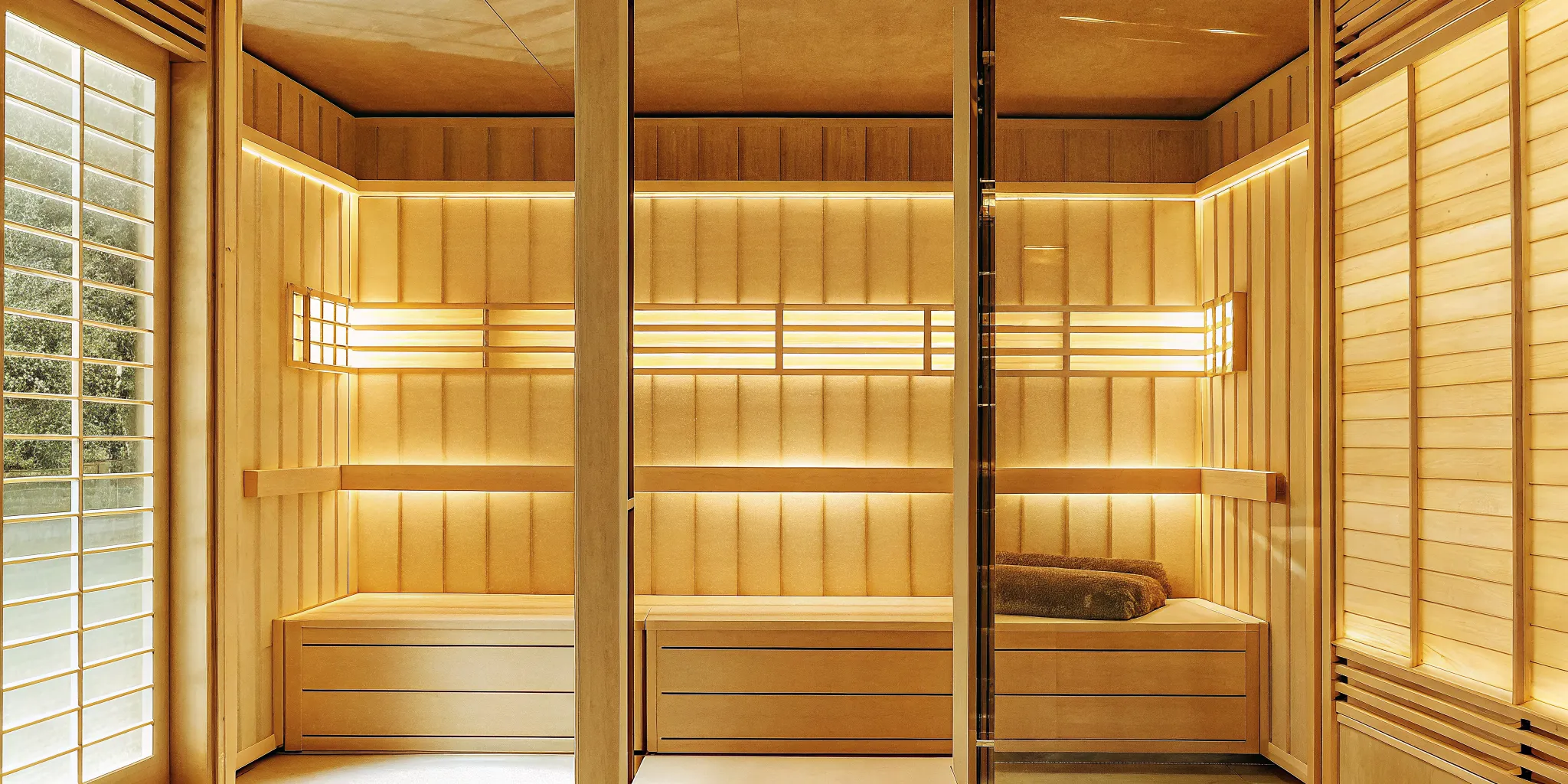 Red light therapy room for a guided wellness session