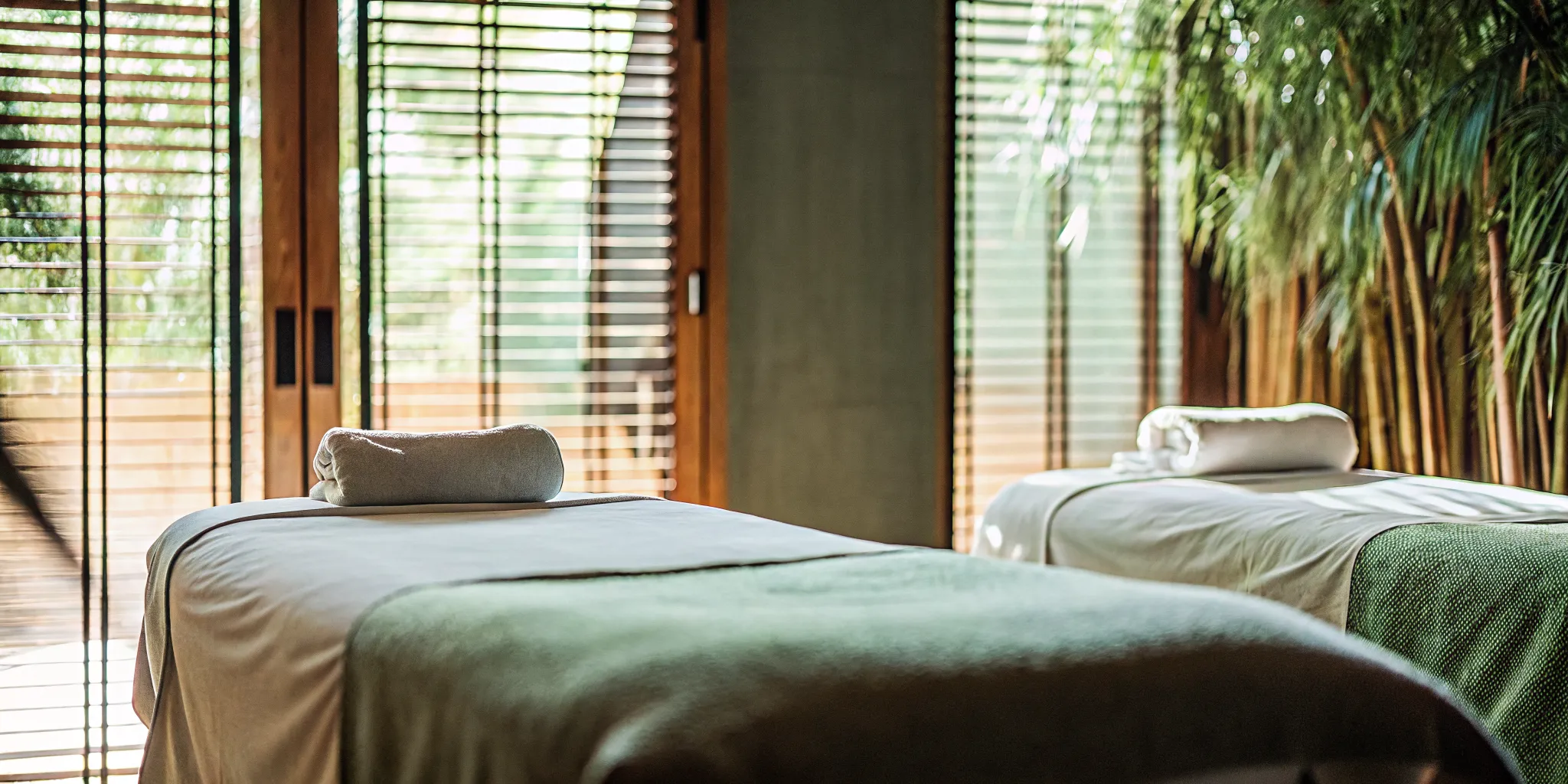 A serene, dimly lit massage room with a professional table, cozy linen sheets, and warm natural light