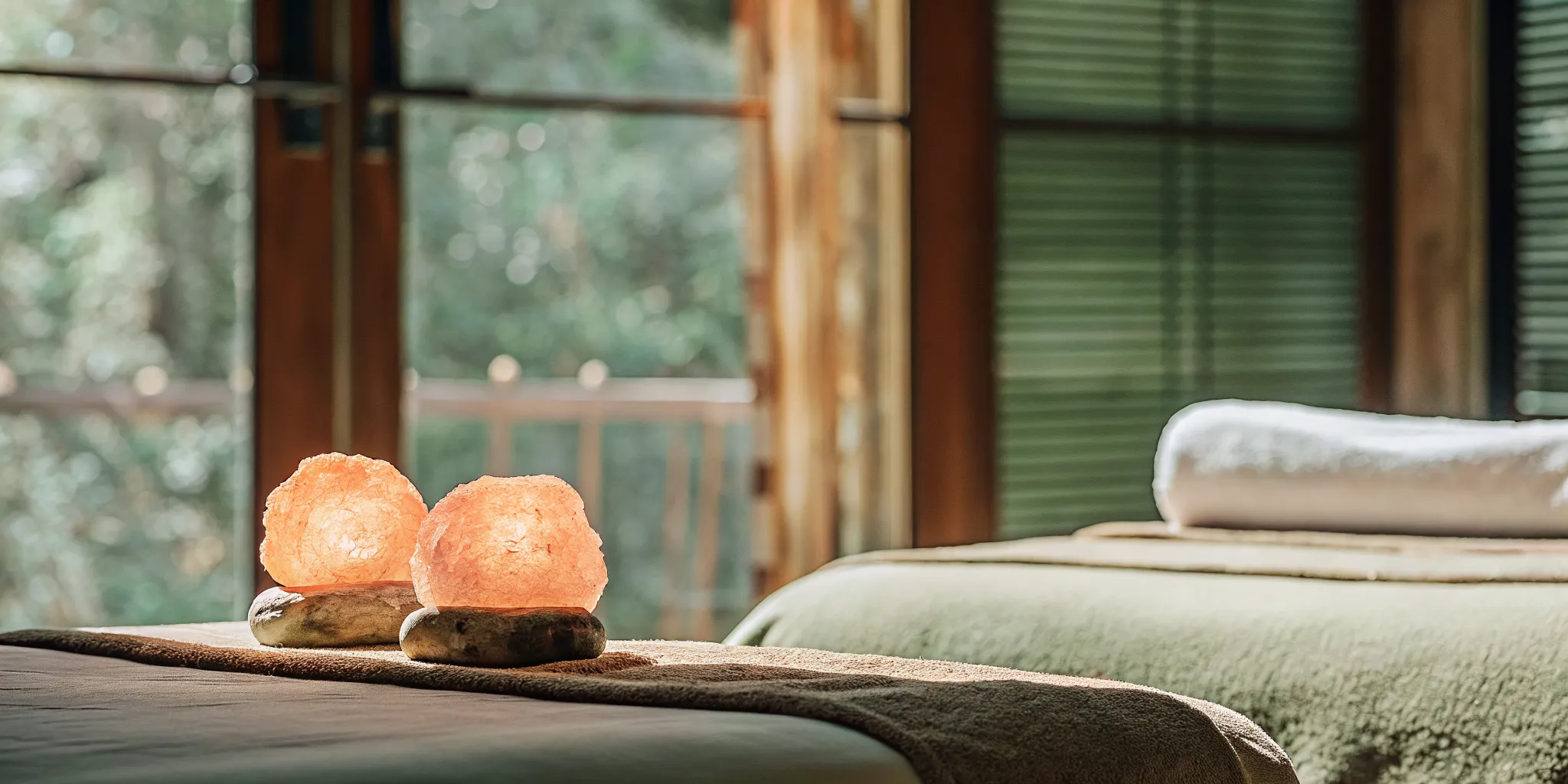 Himalayan salt stones and basalt hot stones on a massage table in a warm therapy studio