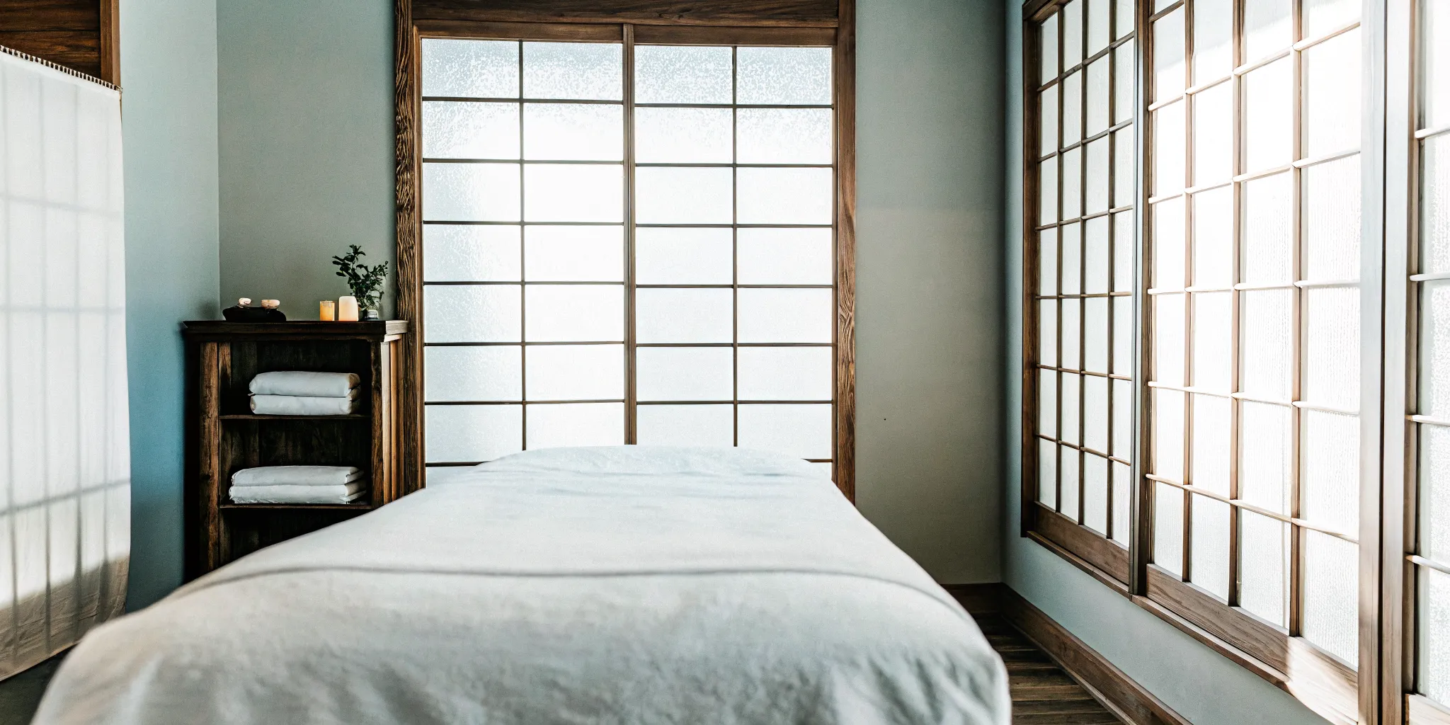 Peaceful massage therapy treatment room with soft white linens and warm natural light at NOLA Bliss Massage in New Orleans