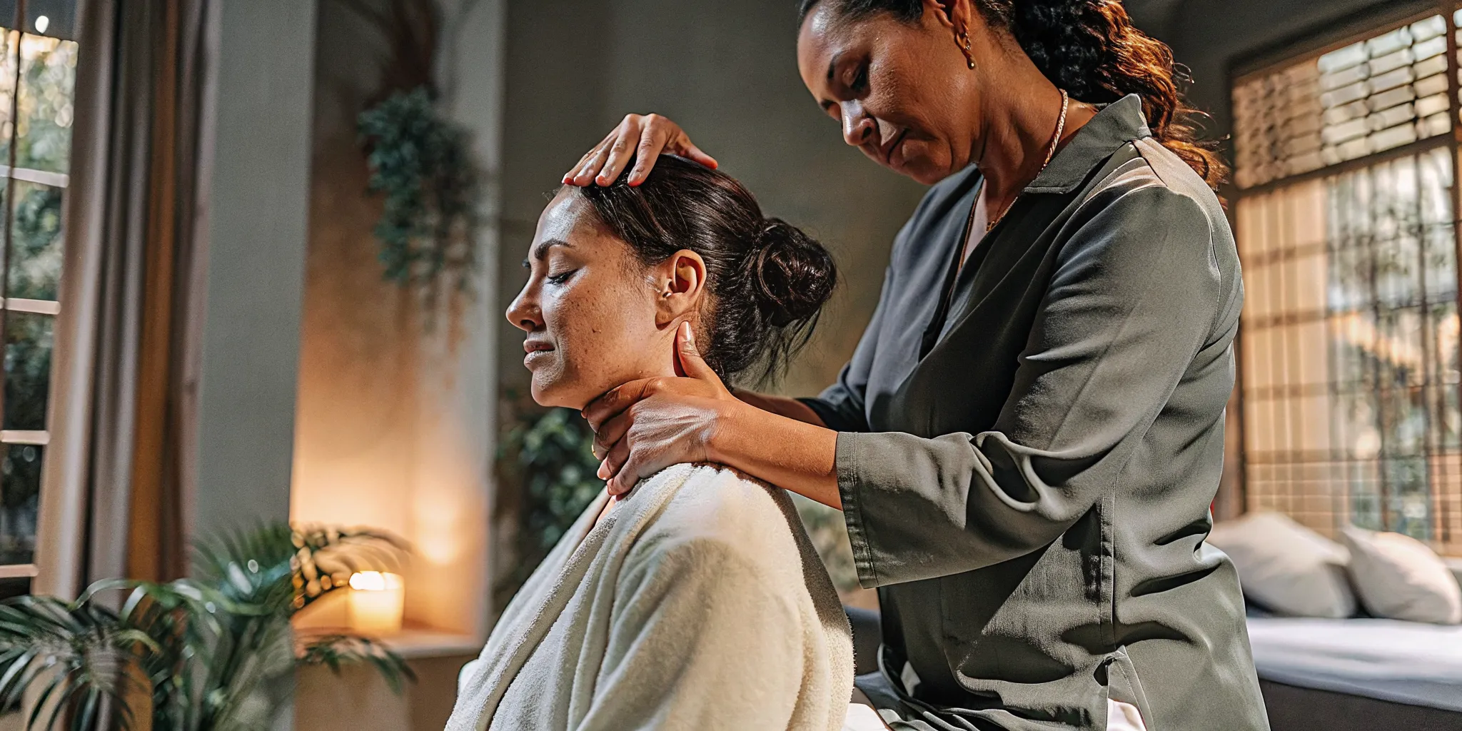 Therapeutic massage for an office worker with neck and shoulder tension