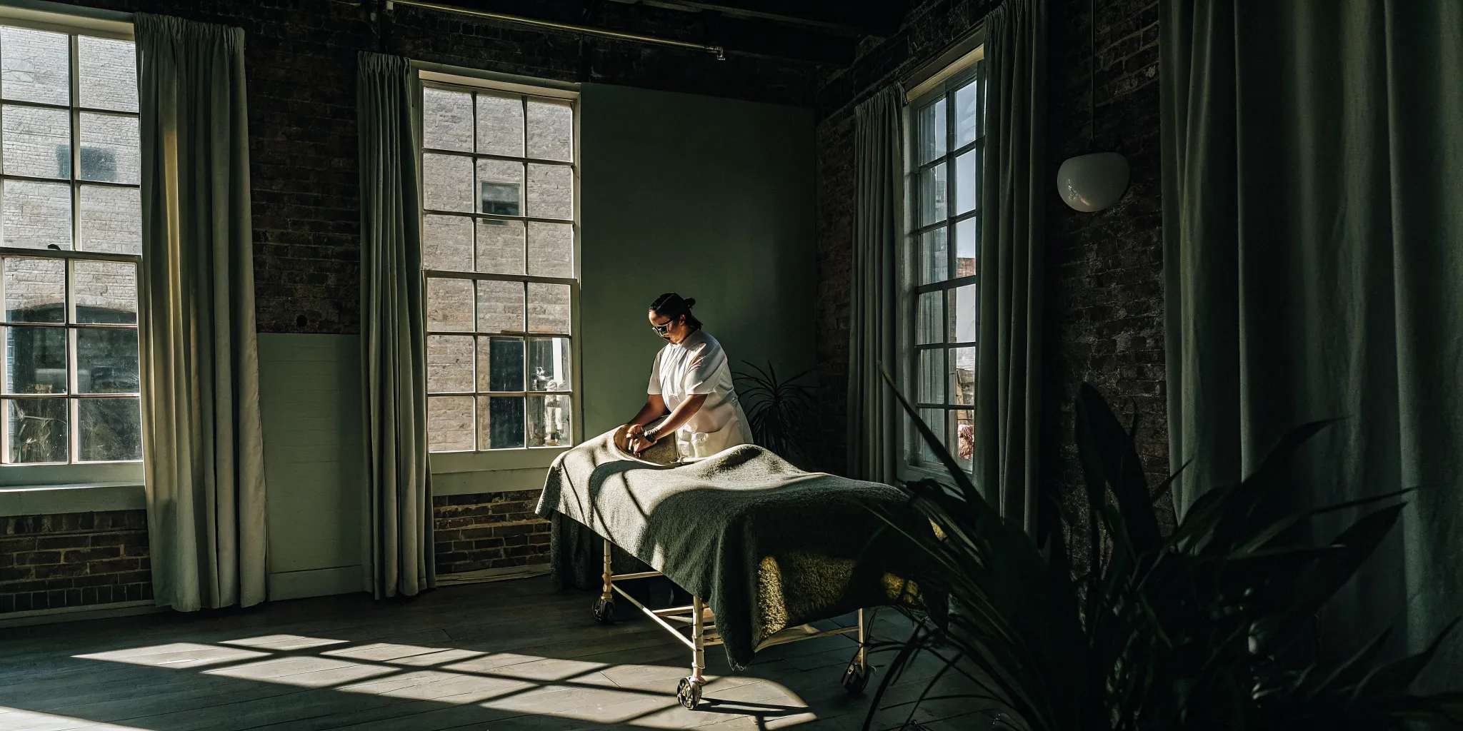 Bright professional massage treatment room with natural light in a downtown New Orleans studio