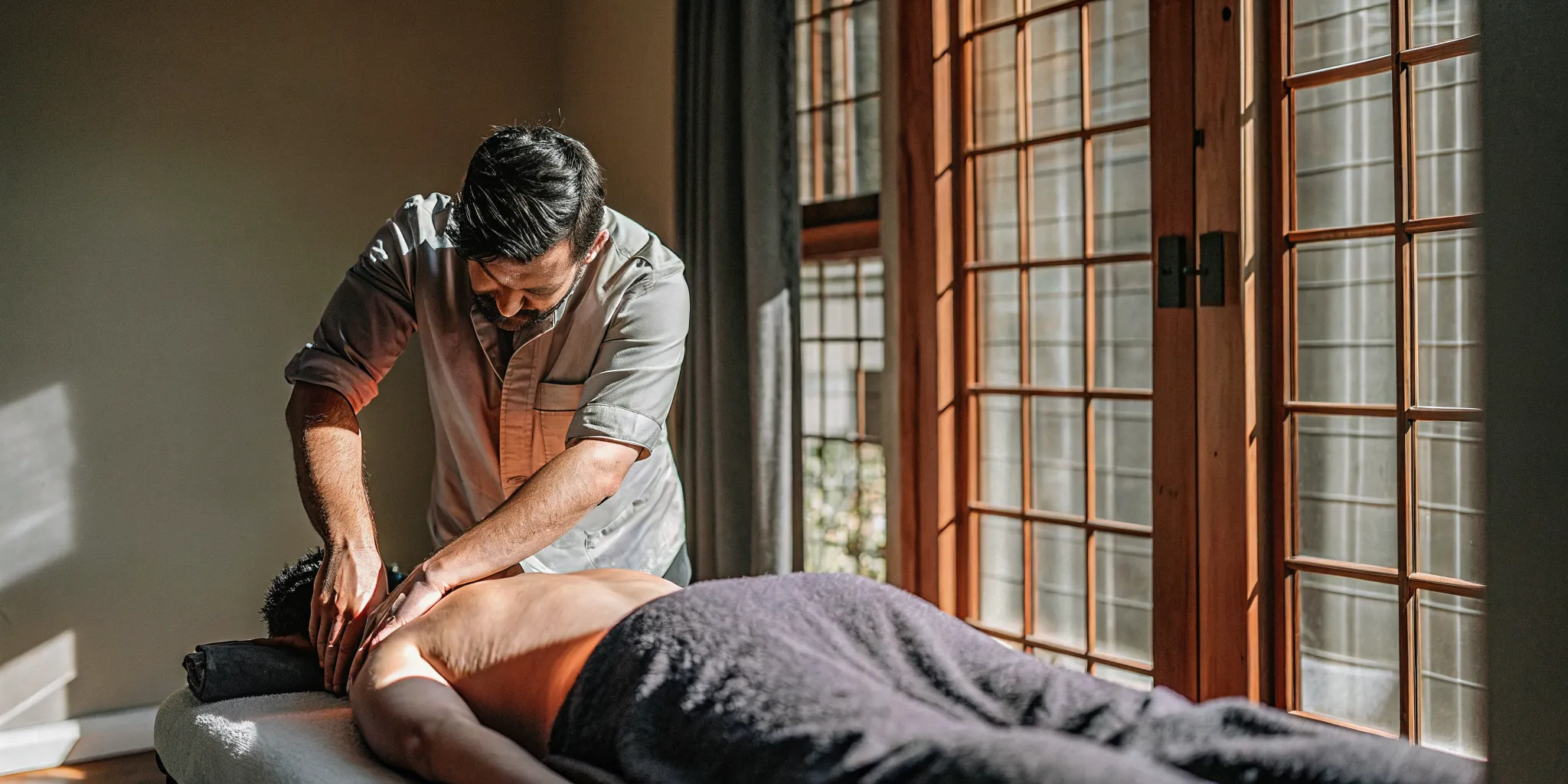Sports massage therapist working on athlete's back muscles in a therapeutic studio
