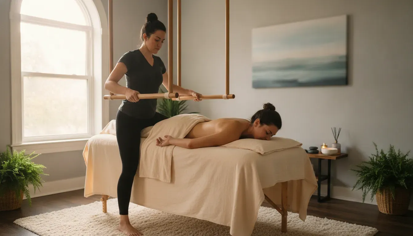 Ashiatsu massage in New Orleans CBD with a therapist using overhead bars for controlled barefoot pressure