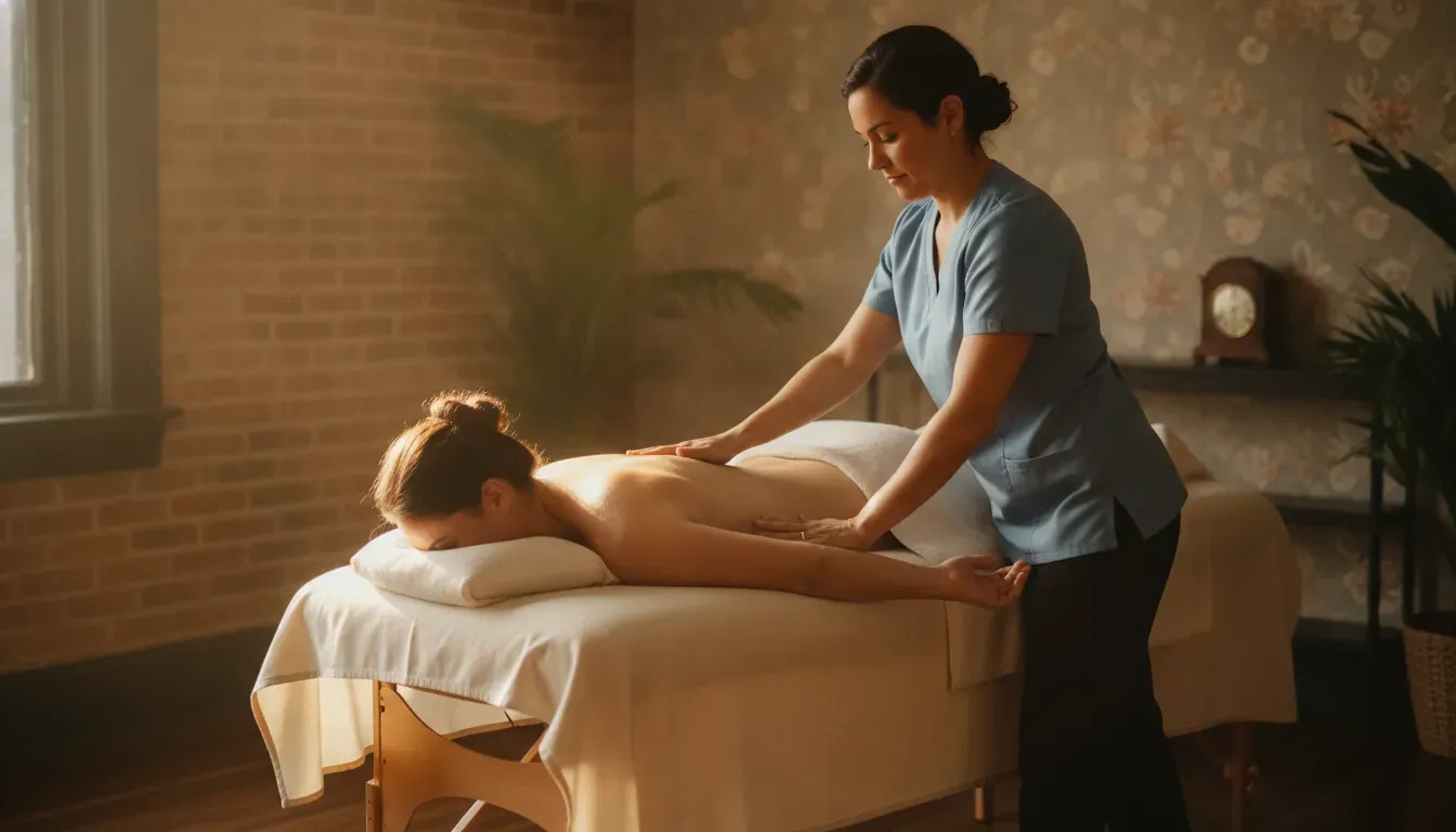Therapeutic massage for menstrual cramps focused on the lower back in a calm professional studio