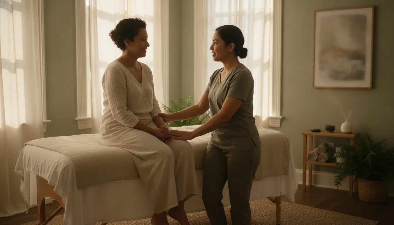 Client and massage therapist discussing session preferences in a calm studio