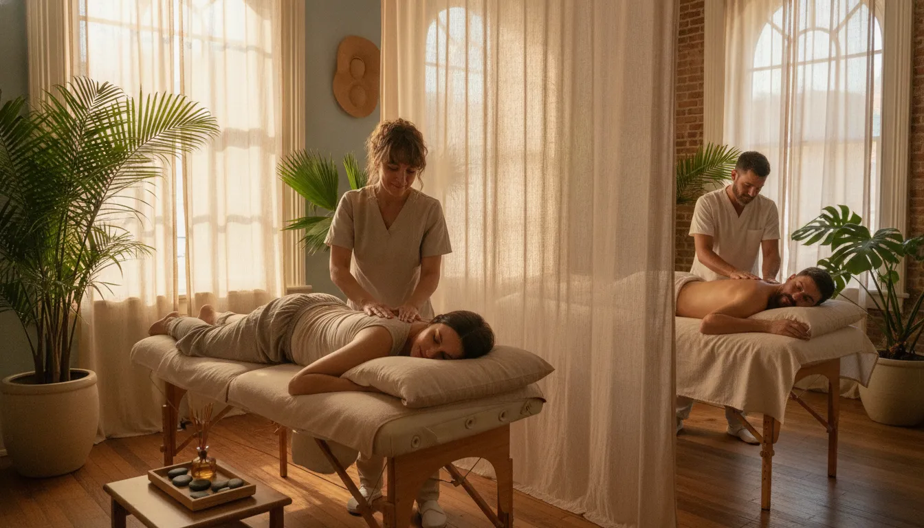 Couple receiving coordinated massage treatments in a calm New Orleans studio