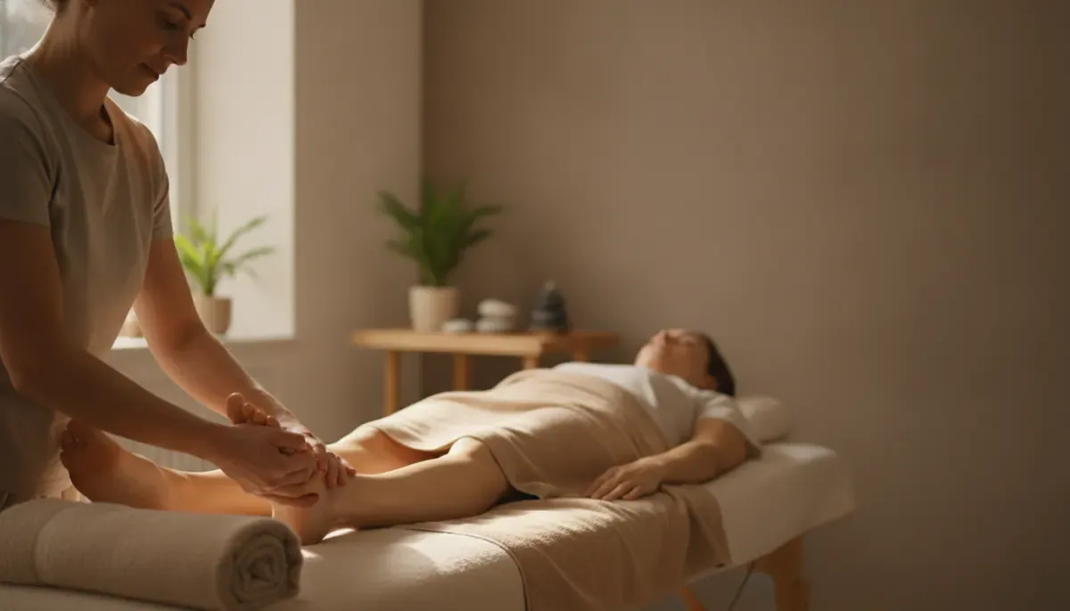 Massage for ankle pain: therapist gently working around a client's ankle and lower leg
