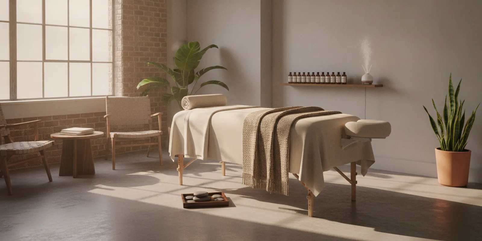 A quiet massage room prepared for a calm, hands-on session