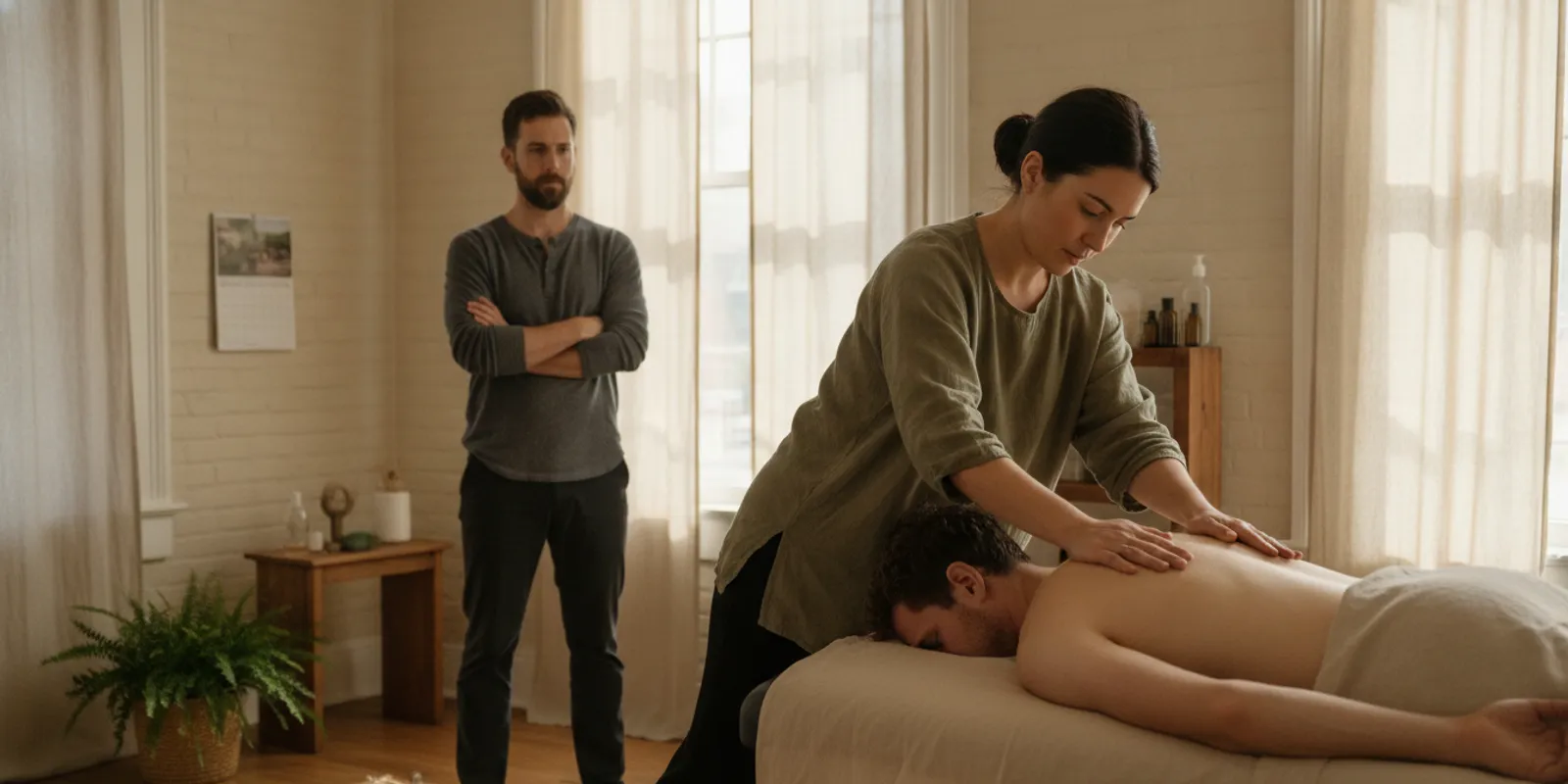Massage therapist practicing a hands-on technique in a professional training setting