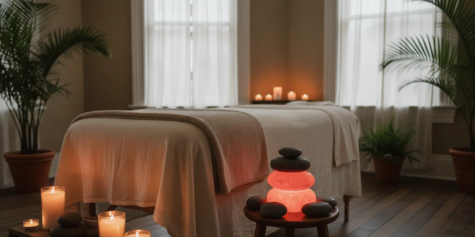 A massage therapist prepares smooth stones beside a warmly lit treatment table.