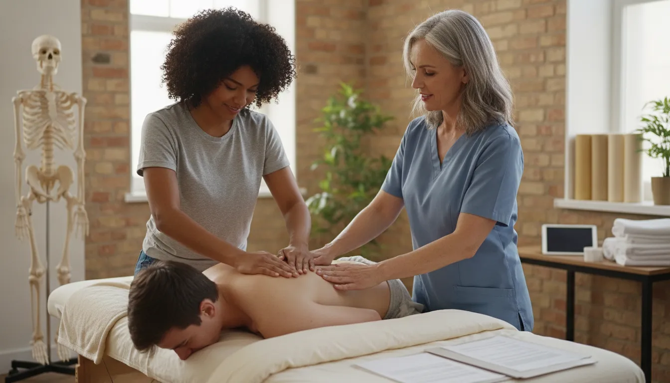 Massage therapy instructor guiding an aspiring therapist during hands-on training