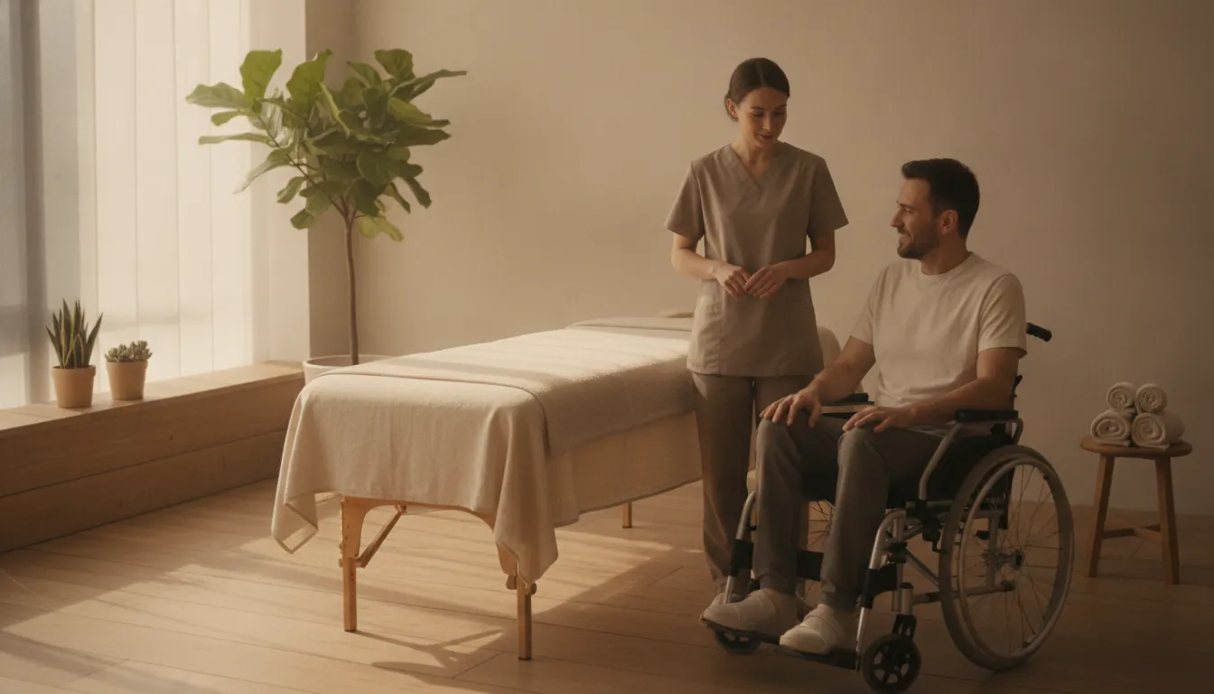 Massage therapist talking with an adult client and a caregiver before a session