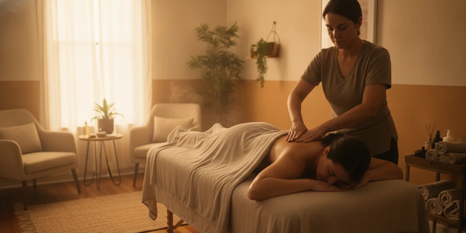 A client resting comfortably during a quiet therapeutic massage session