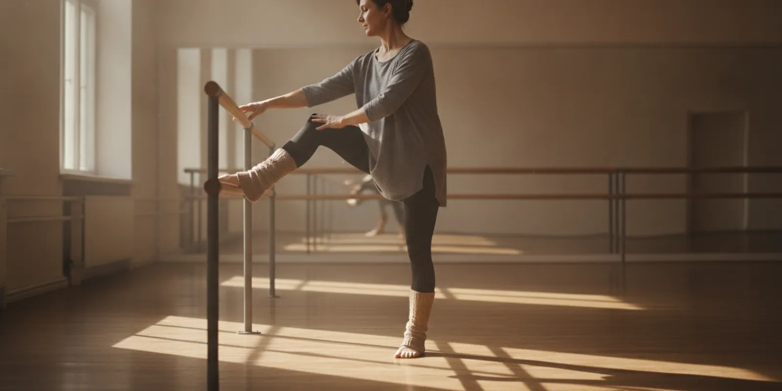 A dancer stretching beside a ballet barre in a calm studio before rehearsal
