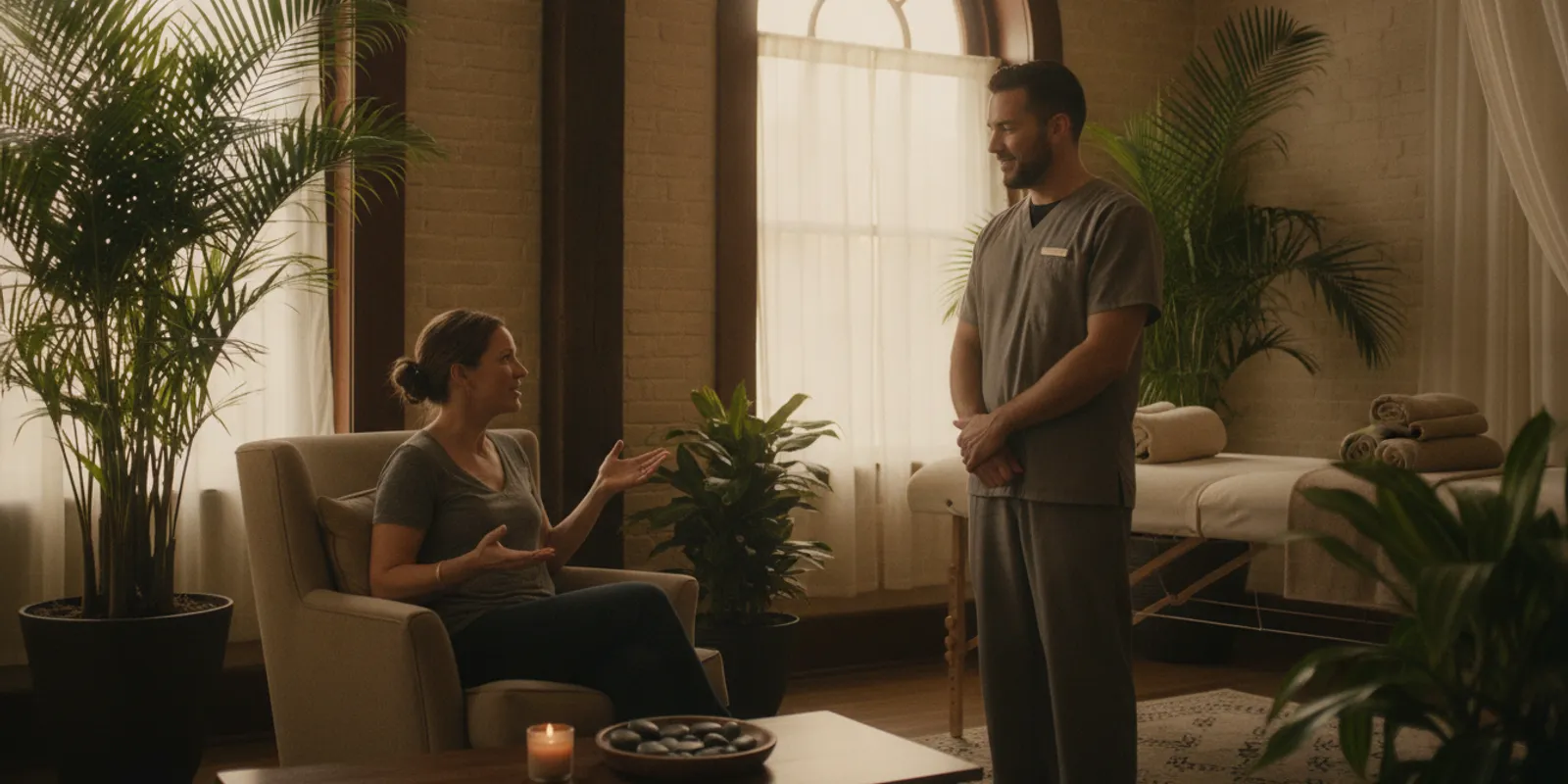 A client and massage therapist discussing a comfortable massage plan in a calm treatment room