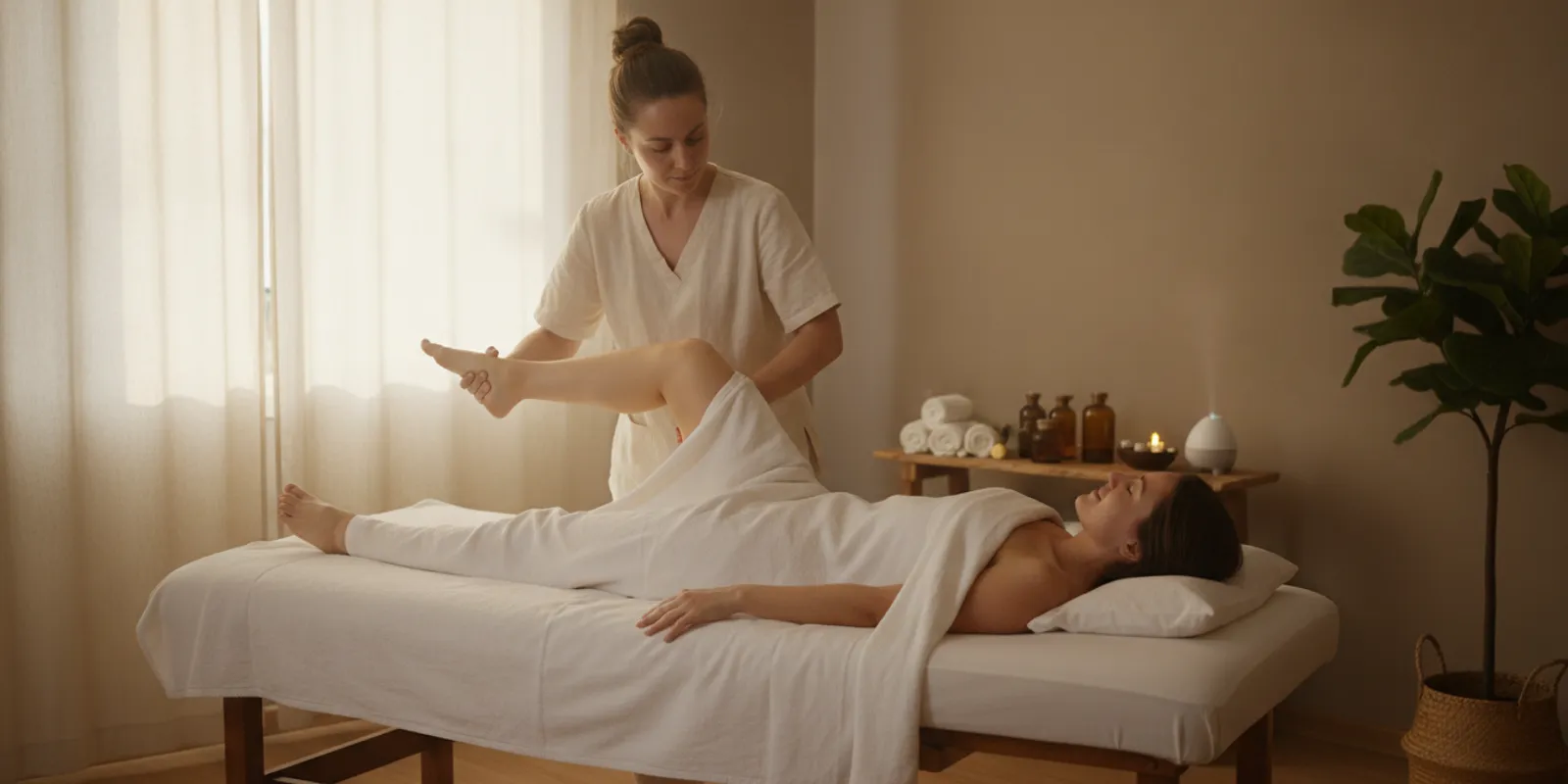 A massage therapist gently guiding a client through a comfortable leg movement