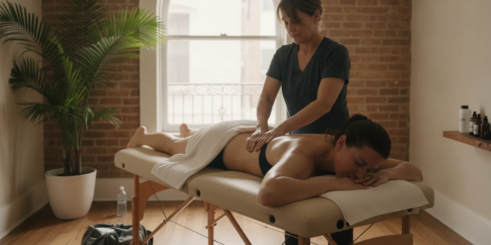 A person receiving a focused therapeutic massage after exercise in a calm studio