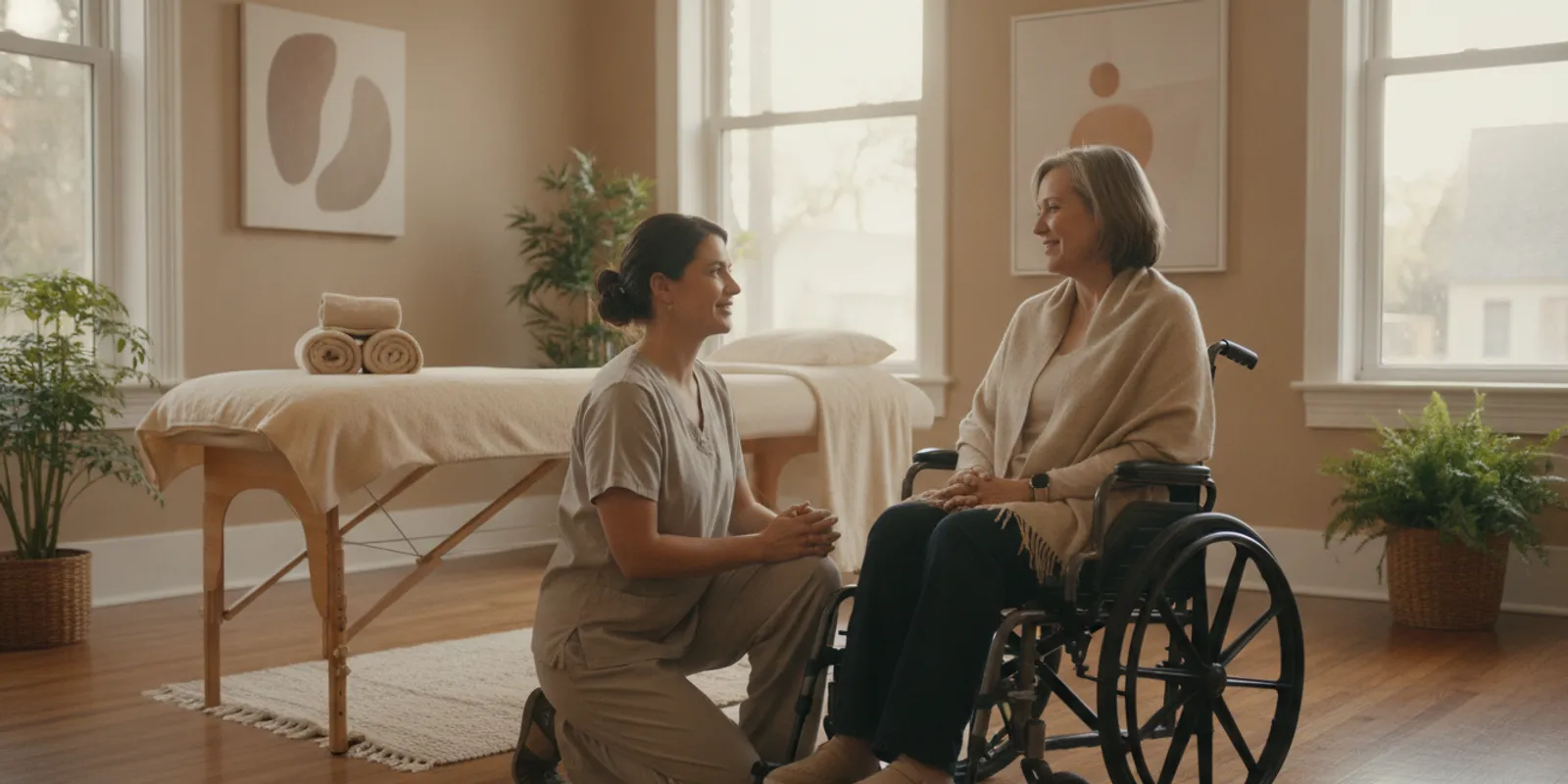 A massage therapist speaking with a client about a comfortable massage experience