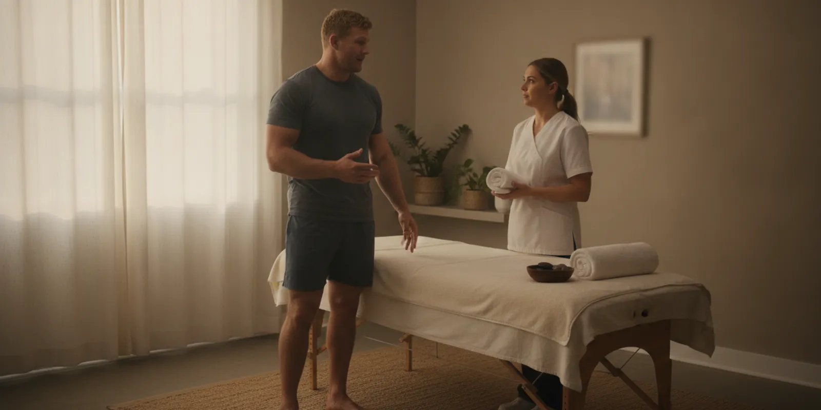 Rugby player seated after training discussing recovery with a massage therapist