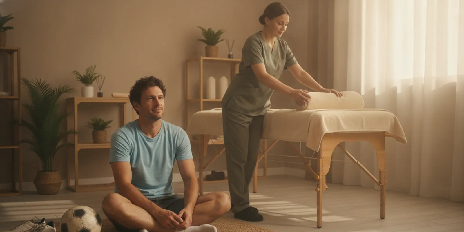 Soccer player resting beside a ball after practice while a massage therapist prepares a treatment table