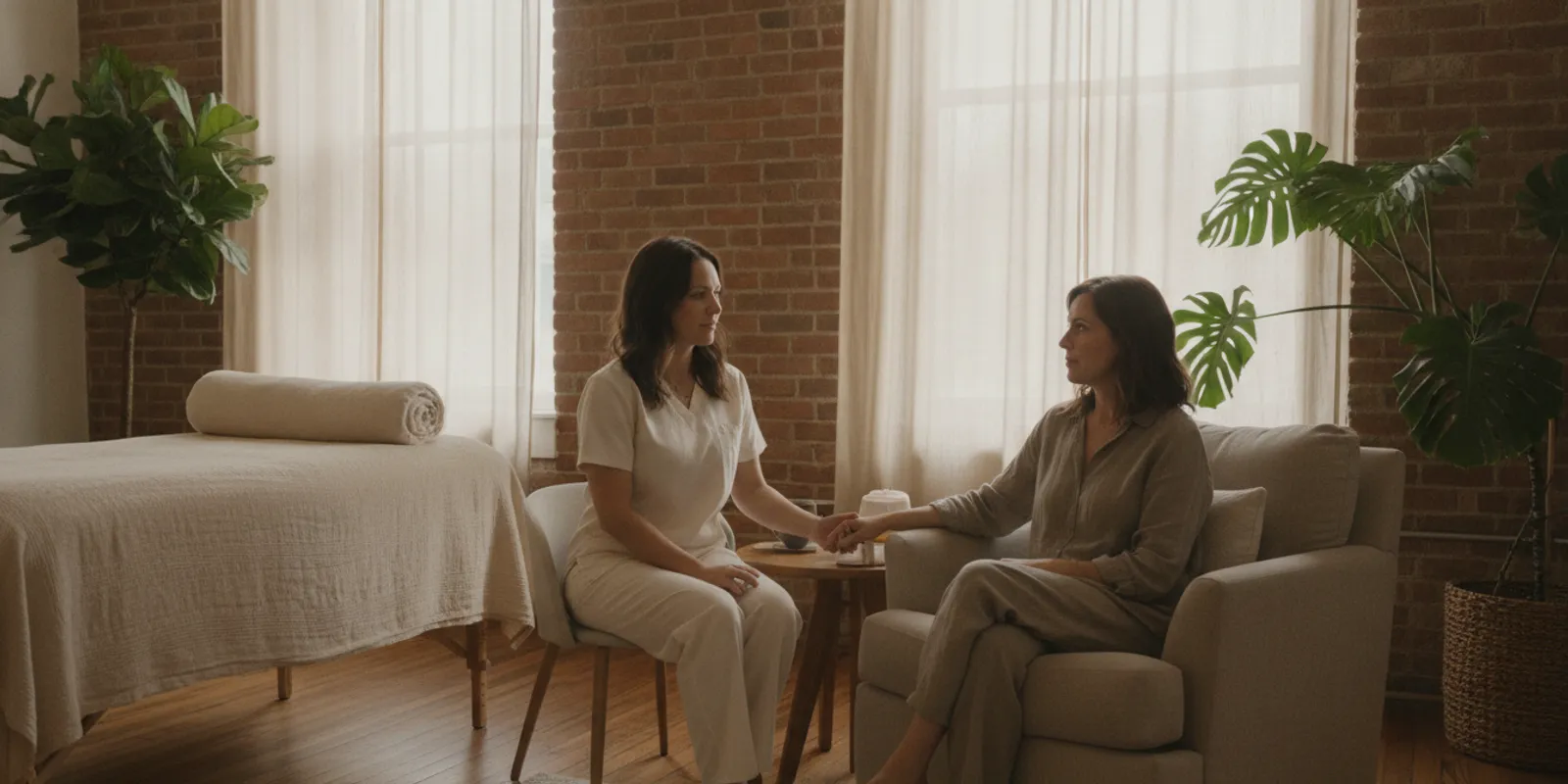 Massage therapist speaking with a client before a therapeutic massage session