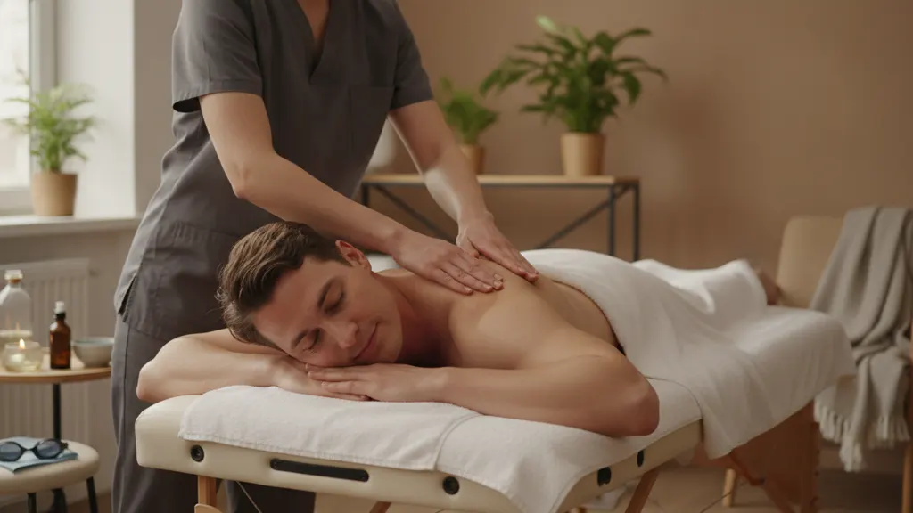 A competitive swimmer receiving a gentle massage focused on the upper back and shoulder
