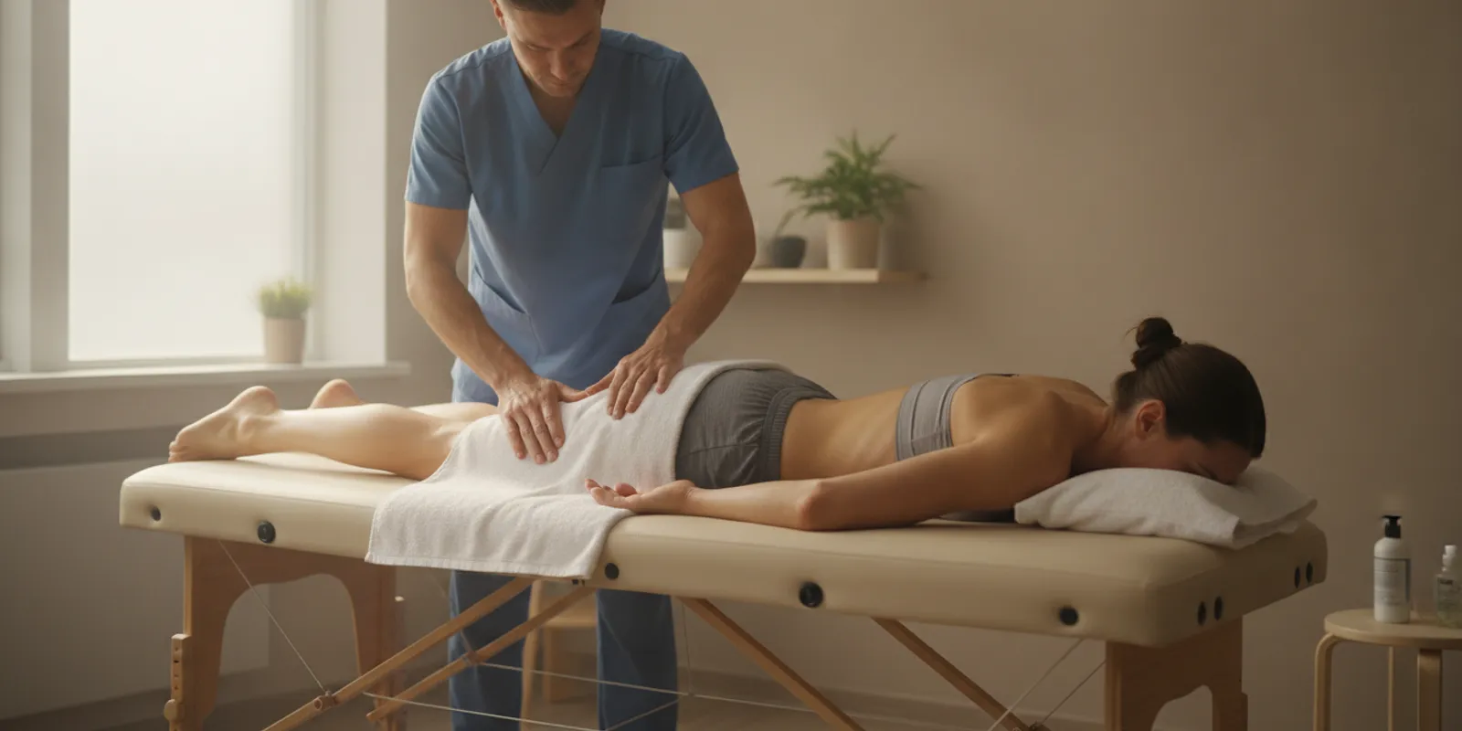 A triathlete resting on a treatment table while a massage therapist works carefully on the athlete’s lower leg