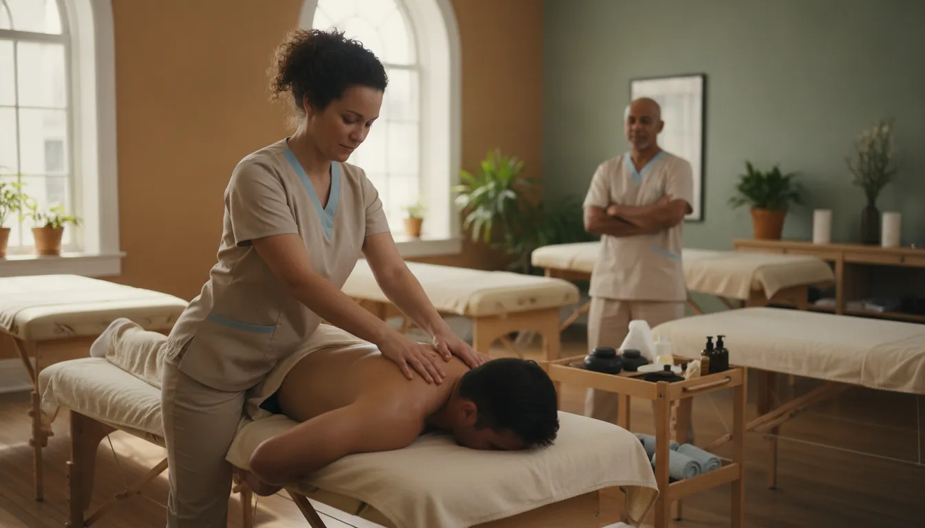 Massage therapy student practicing a technique on a client during hands-on training in a calm classroom