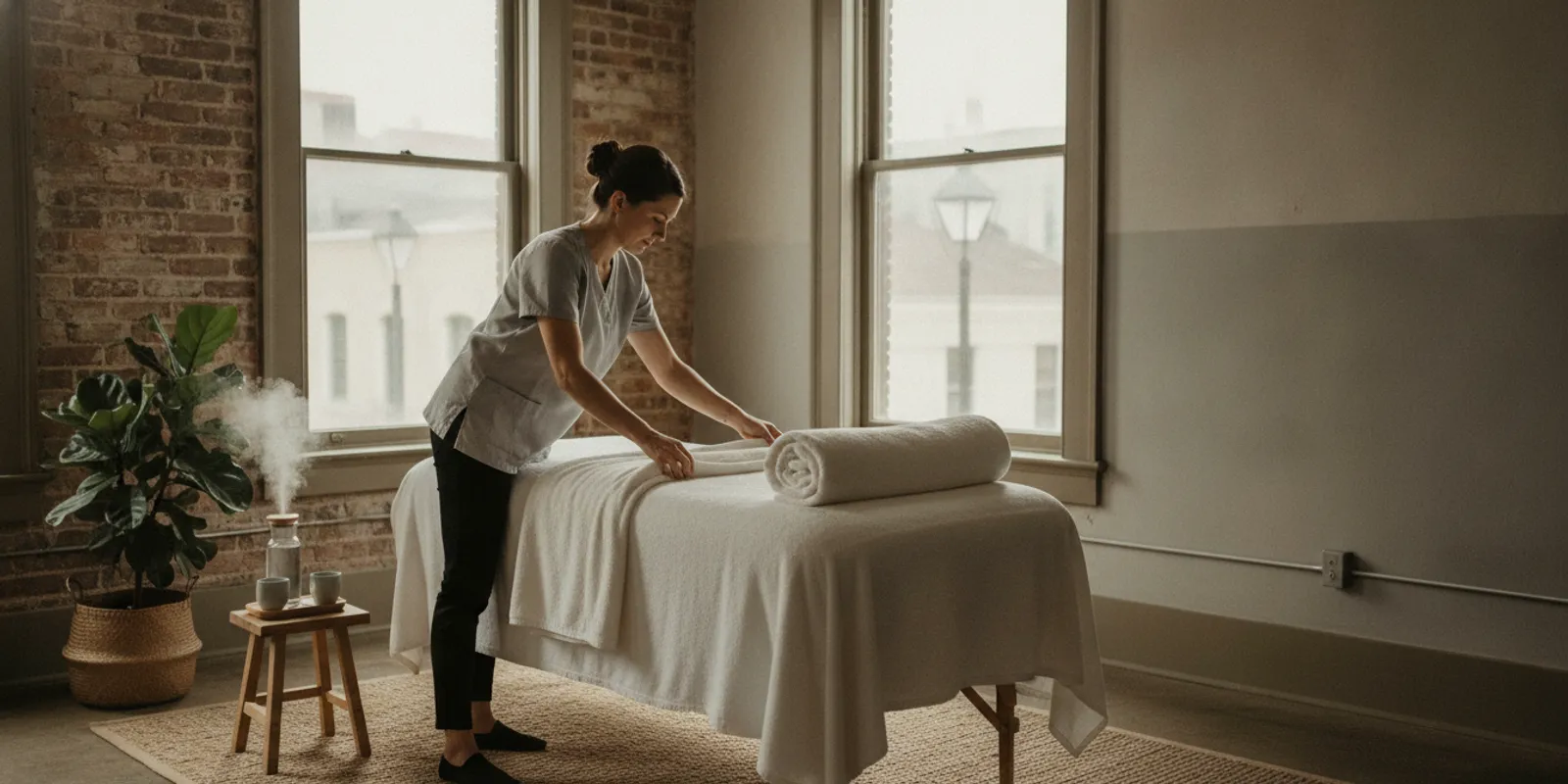 Massage therapist preparing a calm treatment room in a New Orleans wellness studio