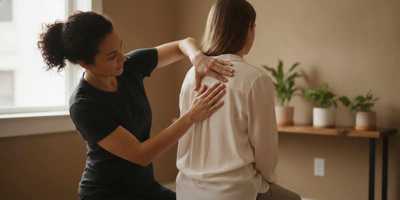 Massage therapist using a gentle, focused technique on a client's shoulder in a calm treatment room
